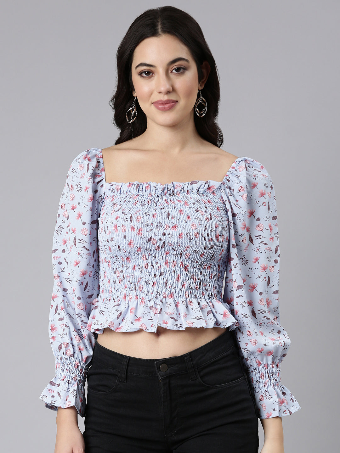 Women's Blue Floral Printed Square Neck Puff Sleeve Smocked Crepe Peplum Crop Top