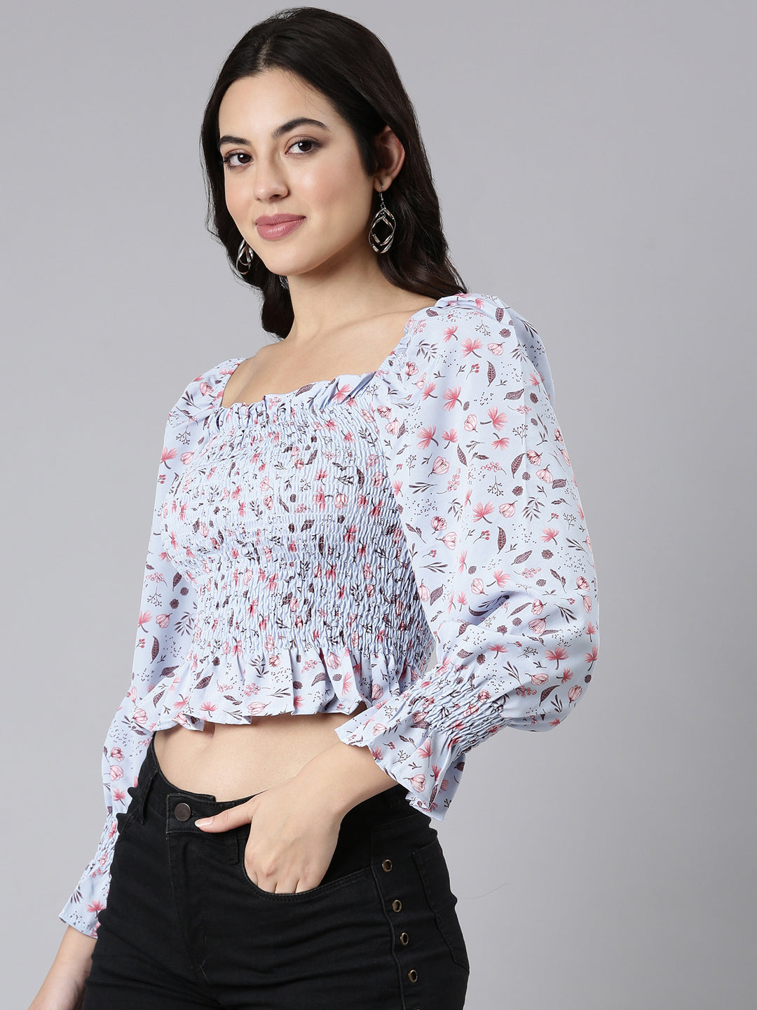 Women's Blue Floral Printed Square Neck Puff Sleeve Smocked Crepe Peplum Crop Top