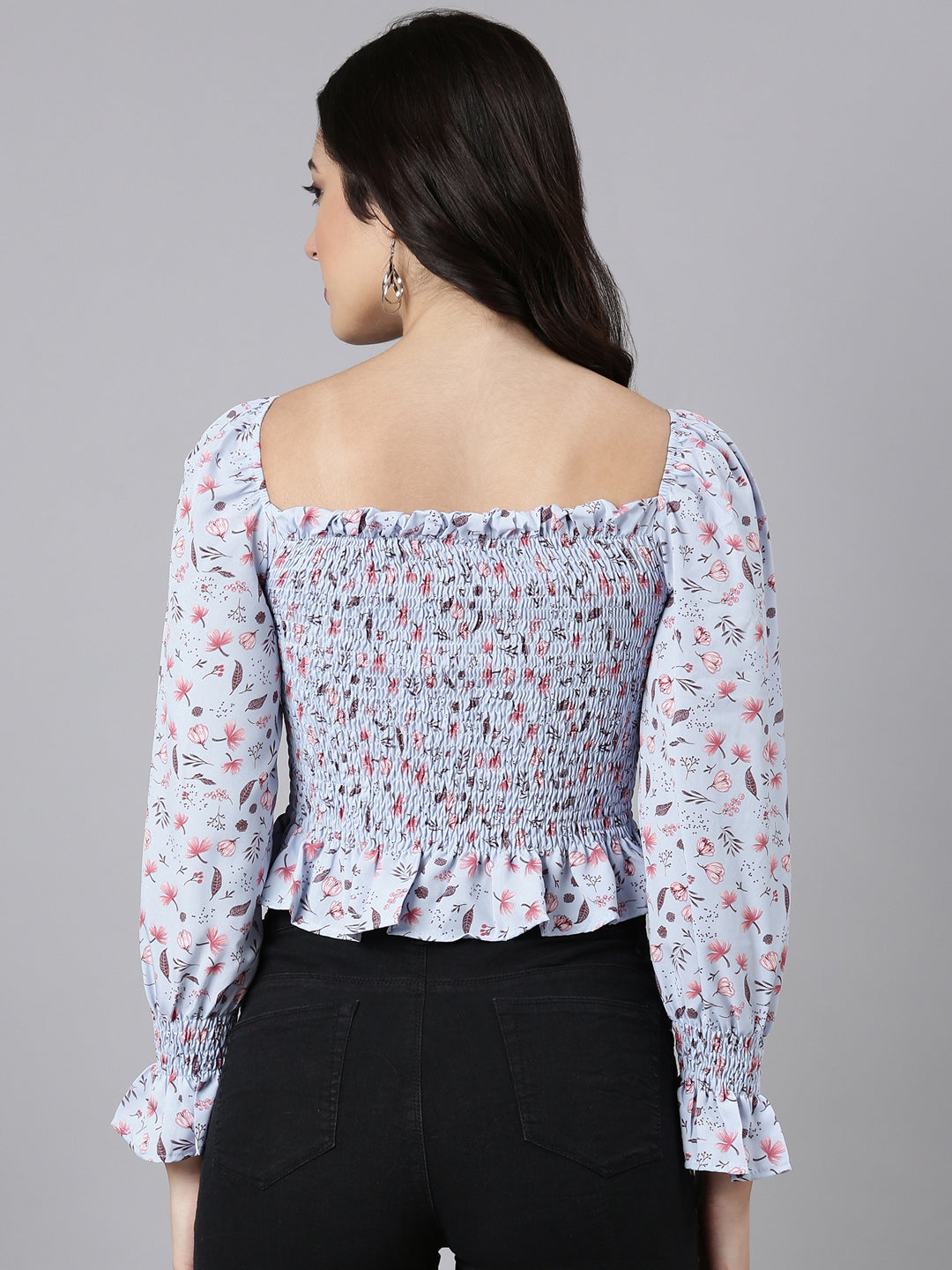 Women's Blue Floral Printed Square Neck Puff Sleeve Smocked Crepe Peplum Crop Top