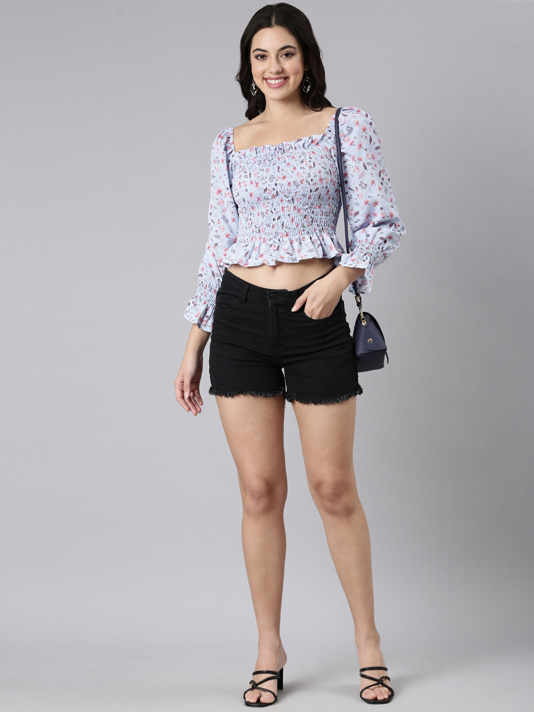 Women's Blue Floral Printed Square Neck Puff Sleeve Smocked Crepe Peplum Crop Top