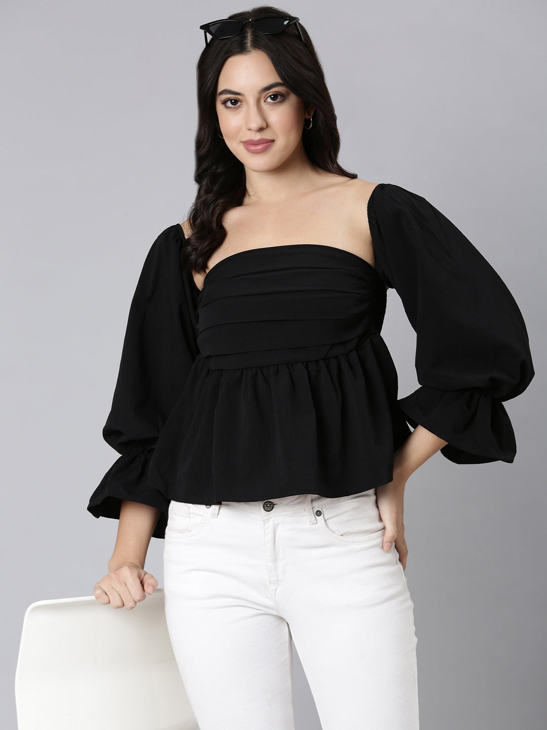 Women's Black Square Neck Bell Sleeves Gathered Detailed Peplum Top