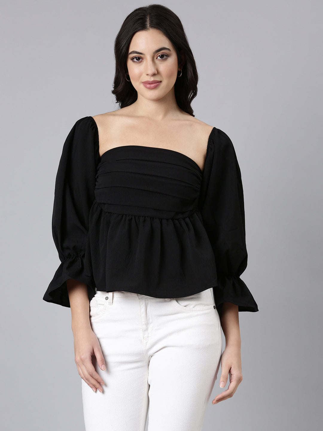 Women's Black Square Neck Bell Sleeves Gathered Detailed Peplum Top