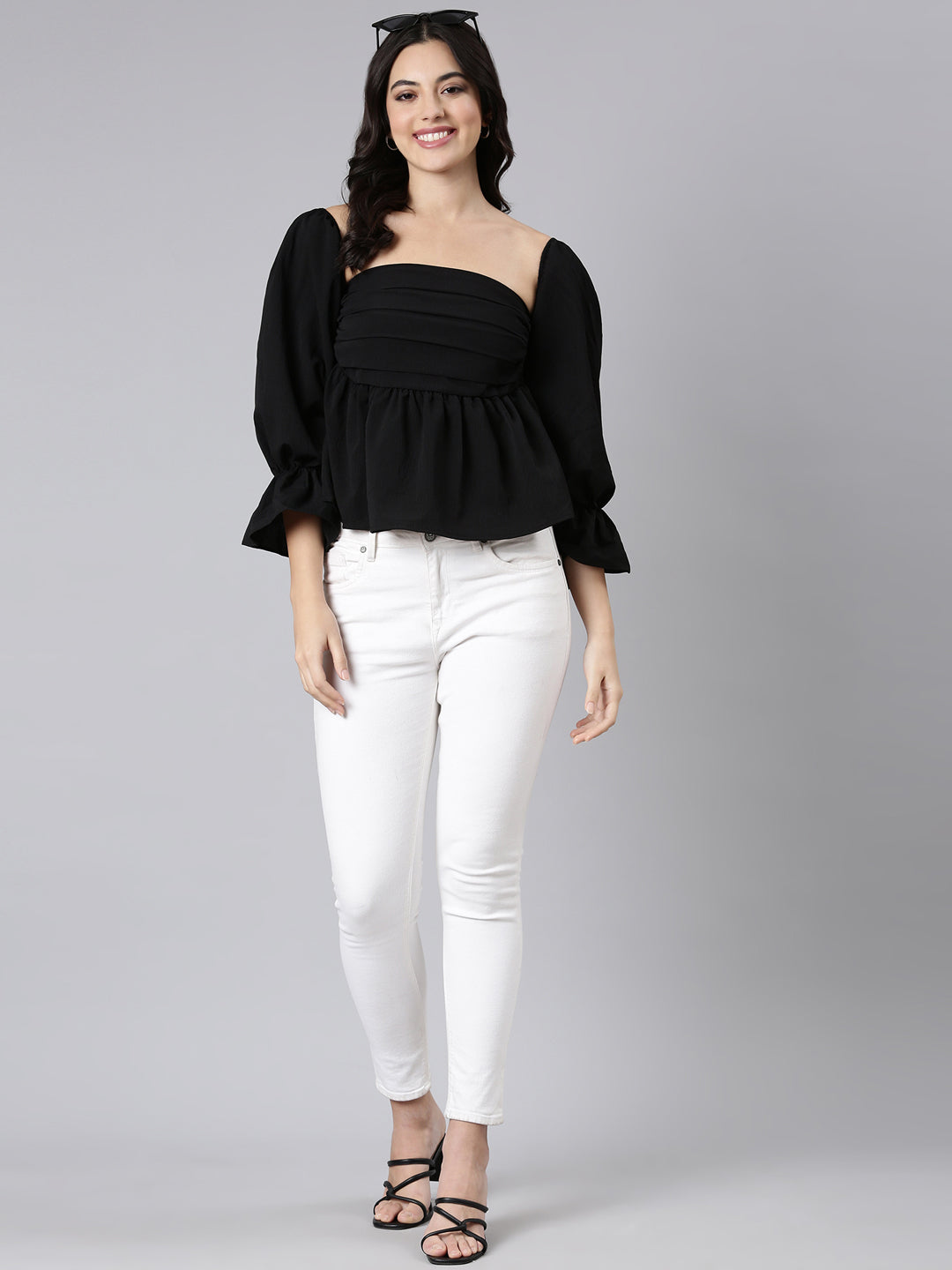 Women's Black Square Neck Bell Sleeves Gathered Detailed Peplum Top