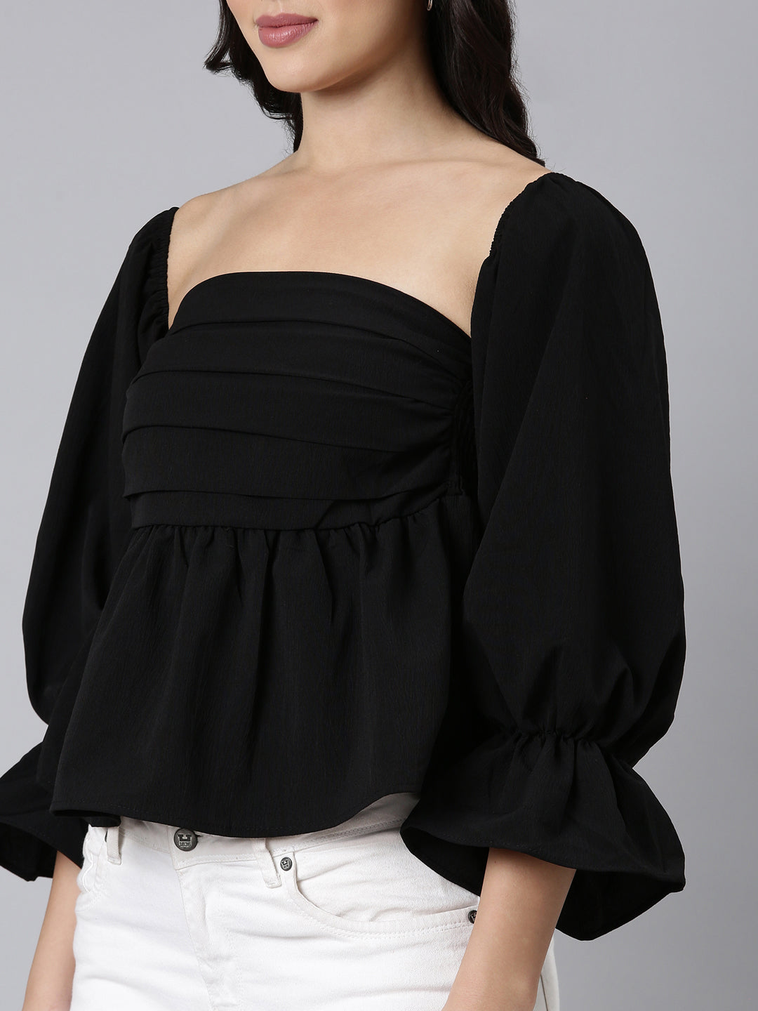 Women's Black Square Neck Bell Sleeves Gathered Detailed Peplum Top