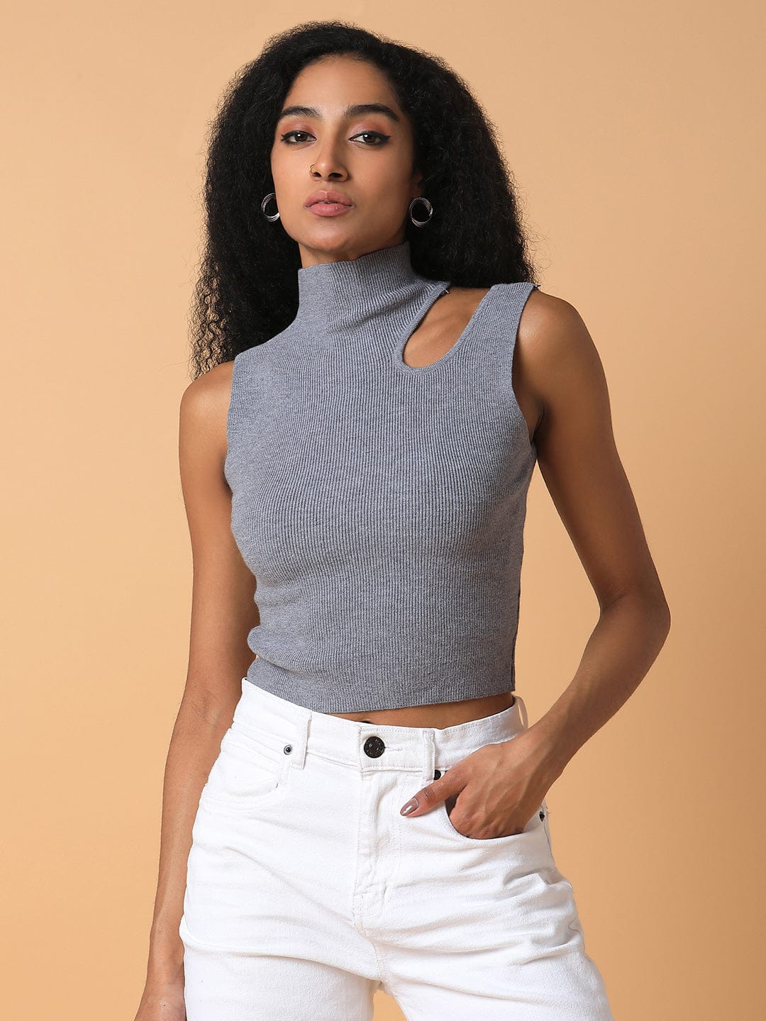 Women's Grey Solid High Neck Acrylic Top