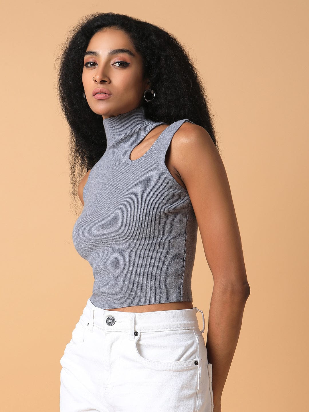 Women's Grey Solid High Neck Acrylic Top