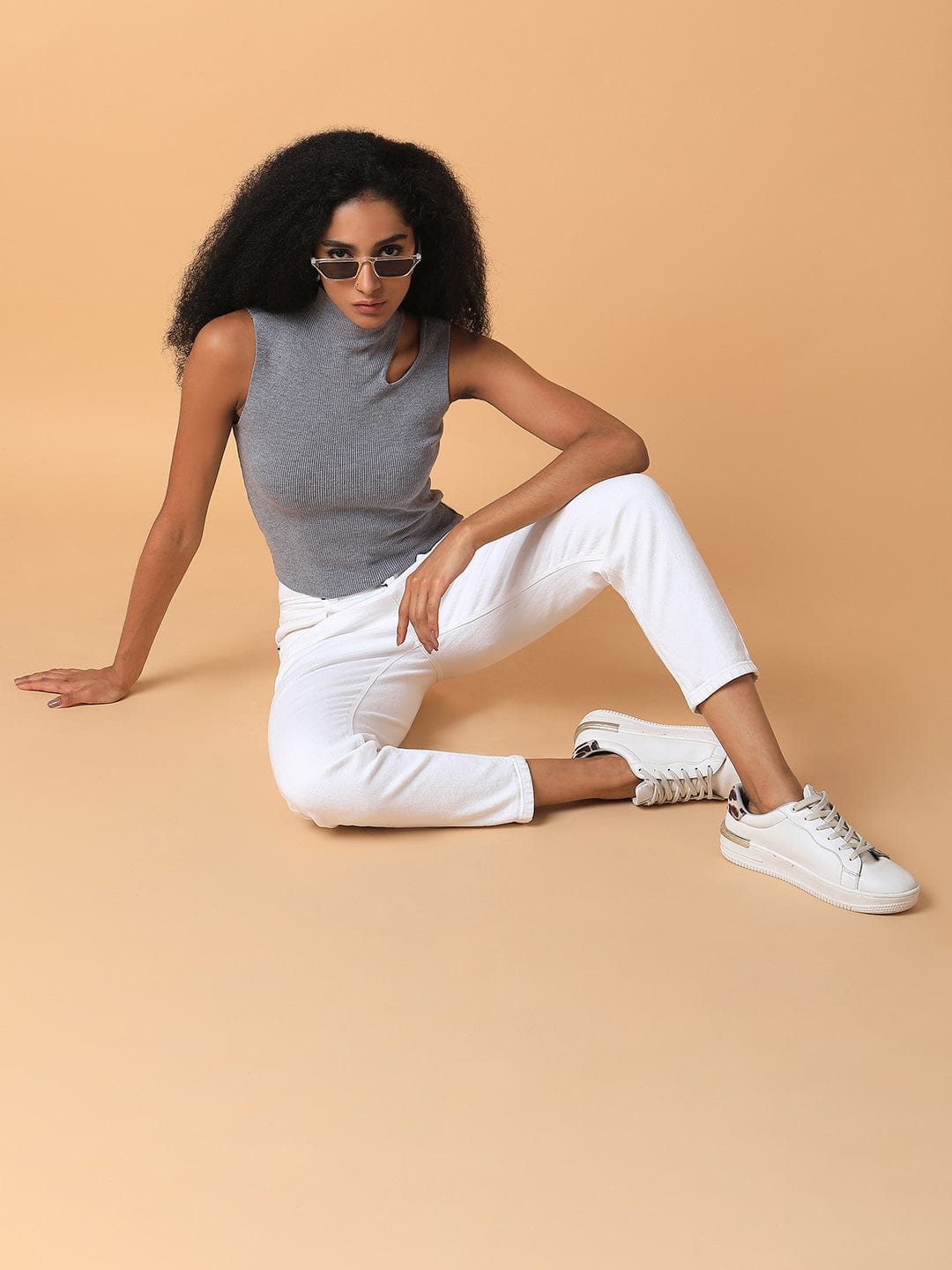 Women's Grey Solid High Neck Acrylic Top