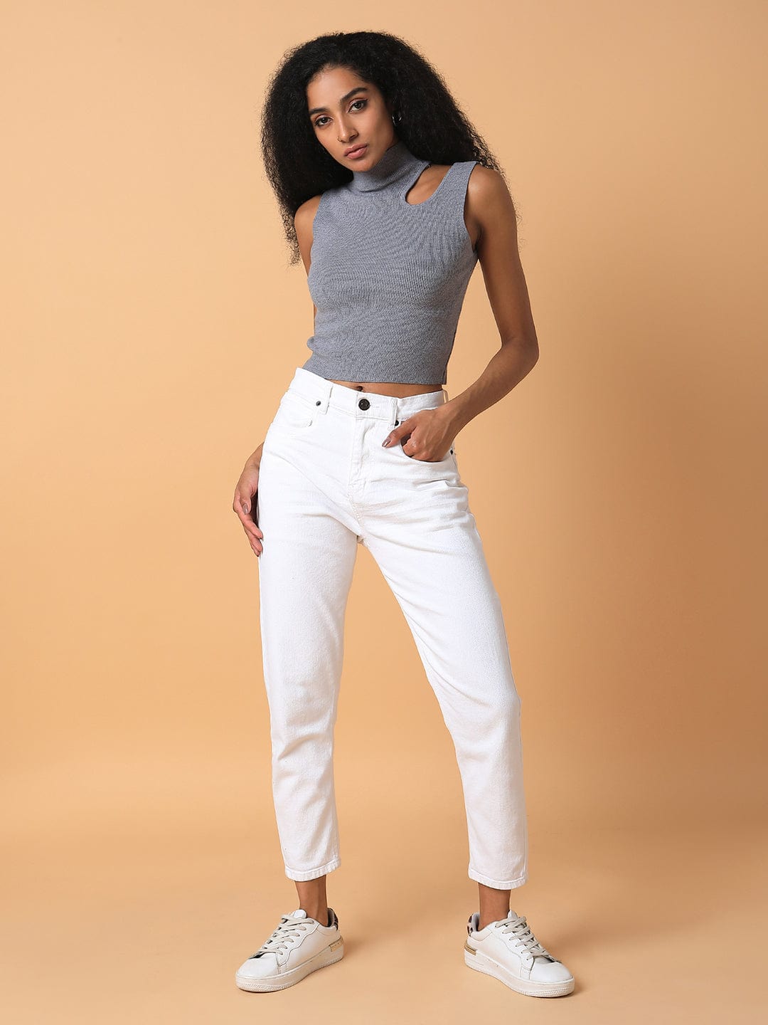 Women's Grey Solid High Neck Acrylic Top