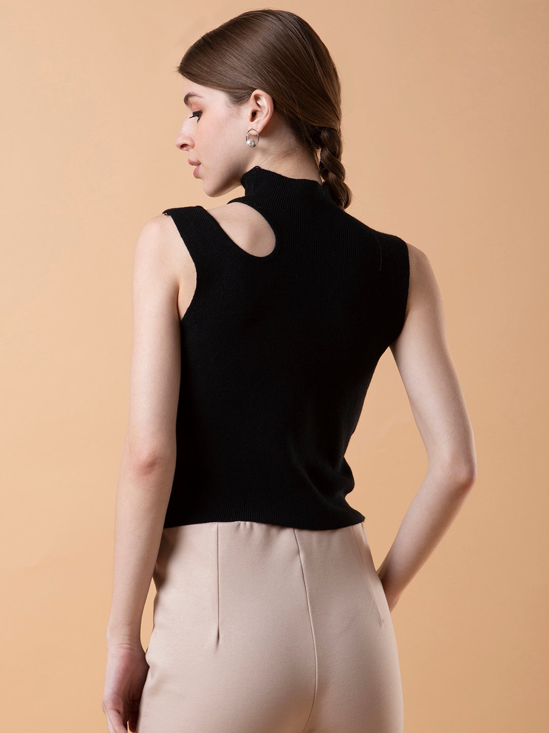 Women's Black Solid High Neck Acrylic Top
