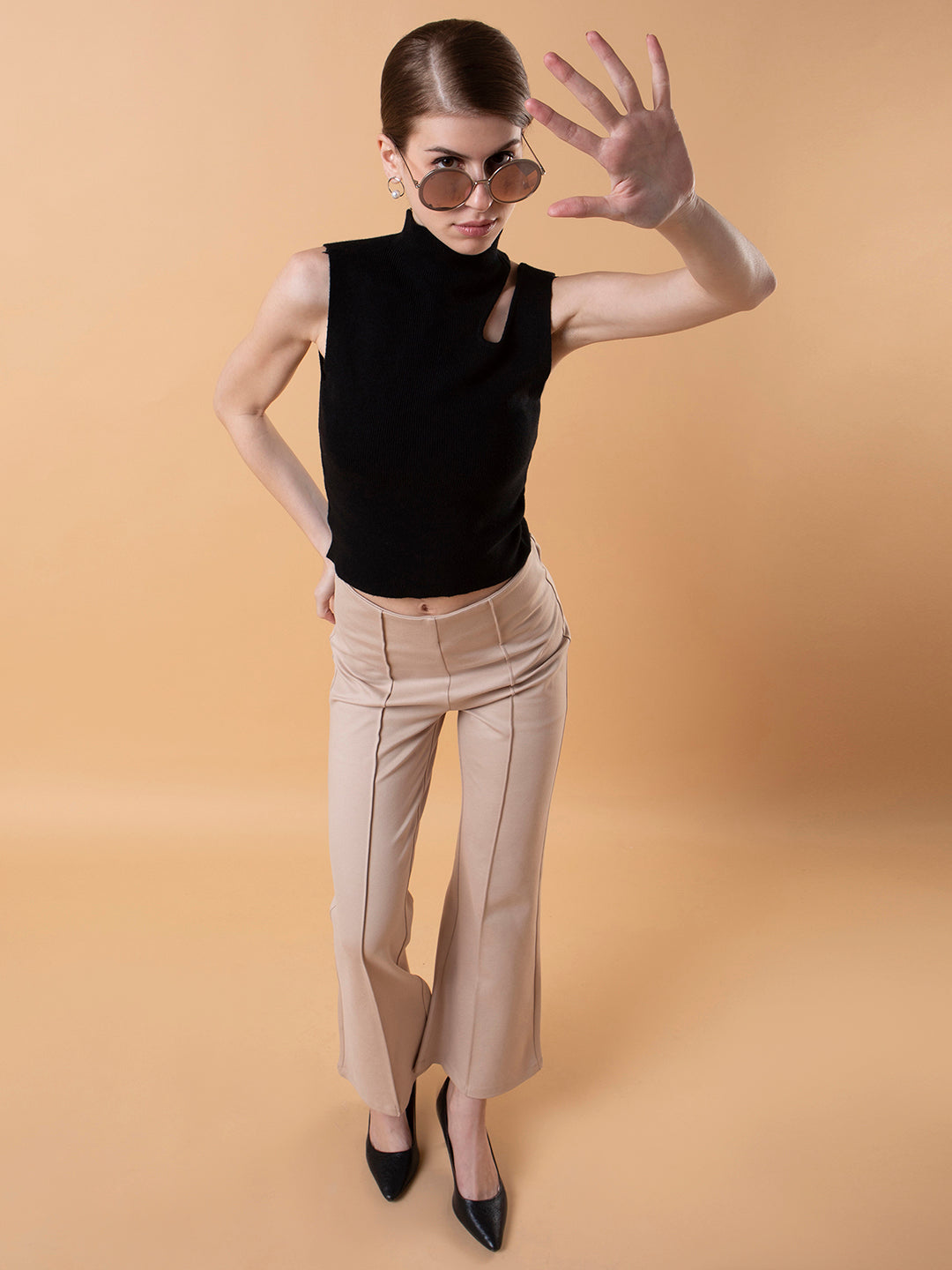 Women's Black Solid High Neck Acrylic Top