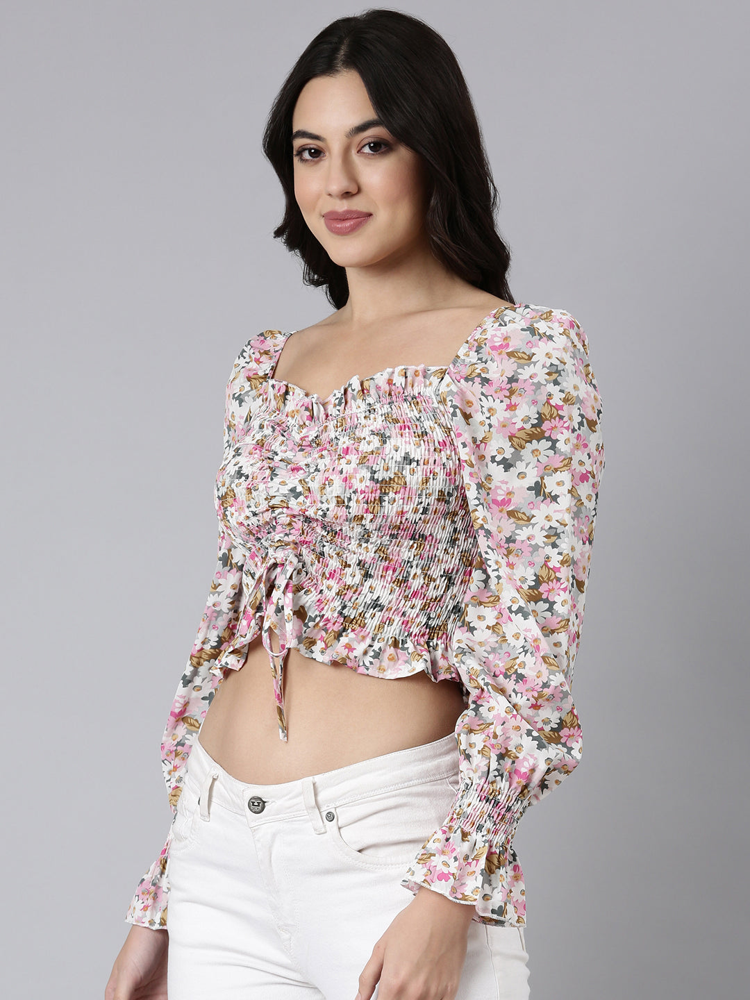 Women's Pink Floral Printed Smocking Crepe Crop Top