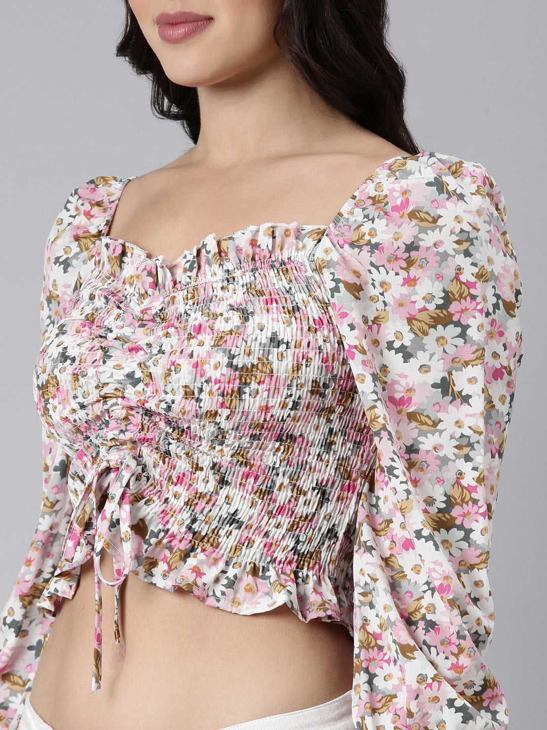 Women's Pink Floral Printed Smocking Crepe Crop Top
