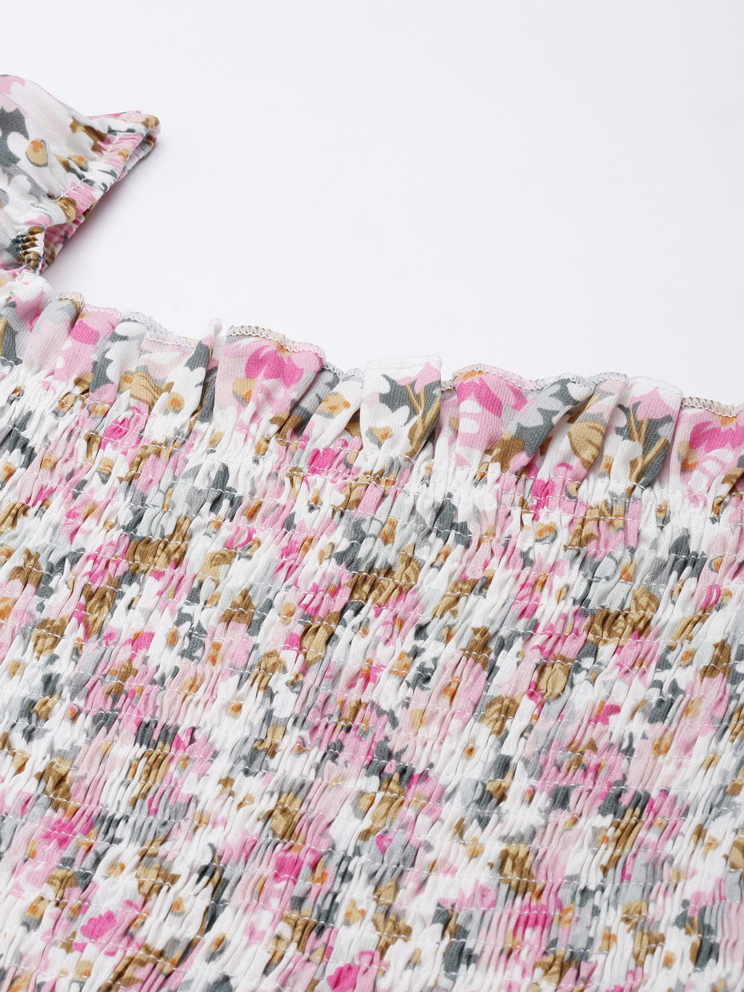 Women's Pink Floral Printed Smocking Crepe Crop Top