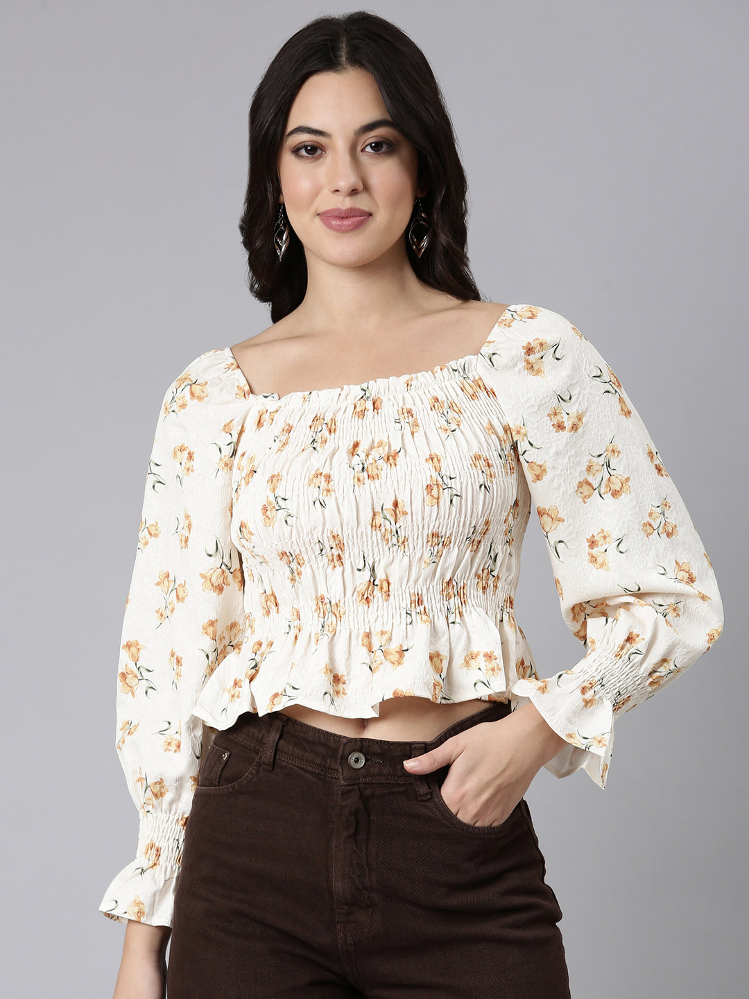 Women's Mustard Floral Printed Square Neck Puff Sleeves Fitted Crop Top