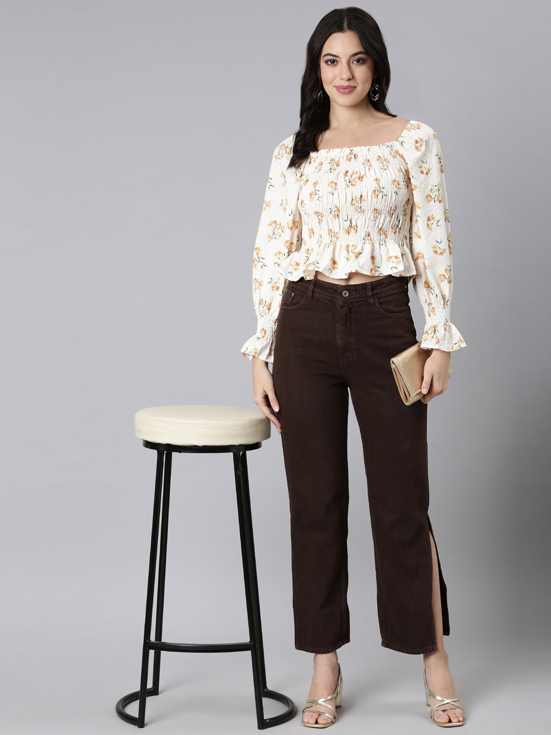 Women's Mustard Floral Printed Square Neck Puff Sleeves Fitted Crop Top