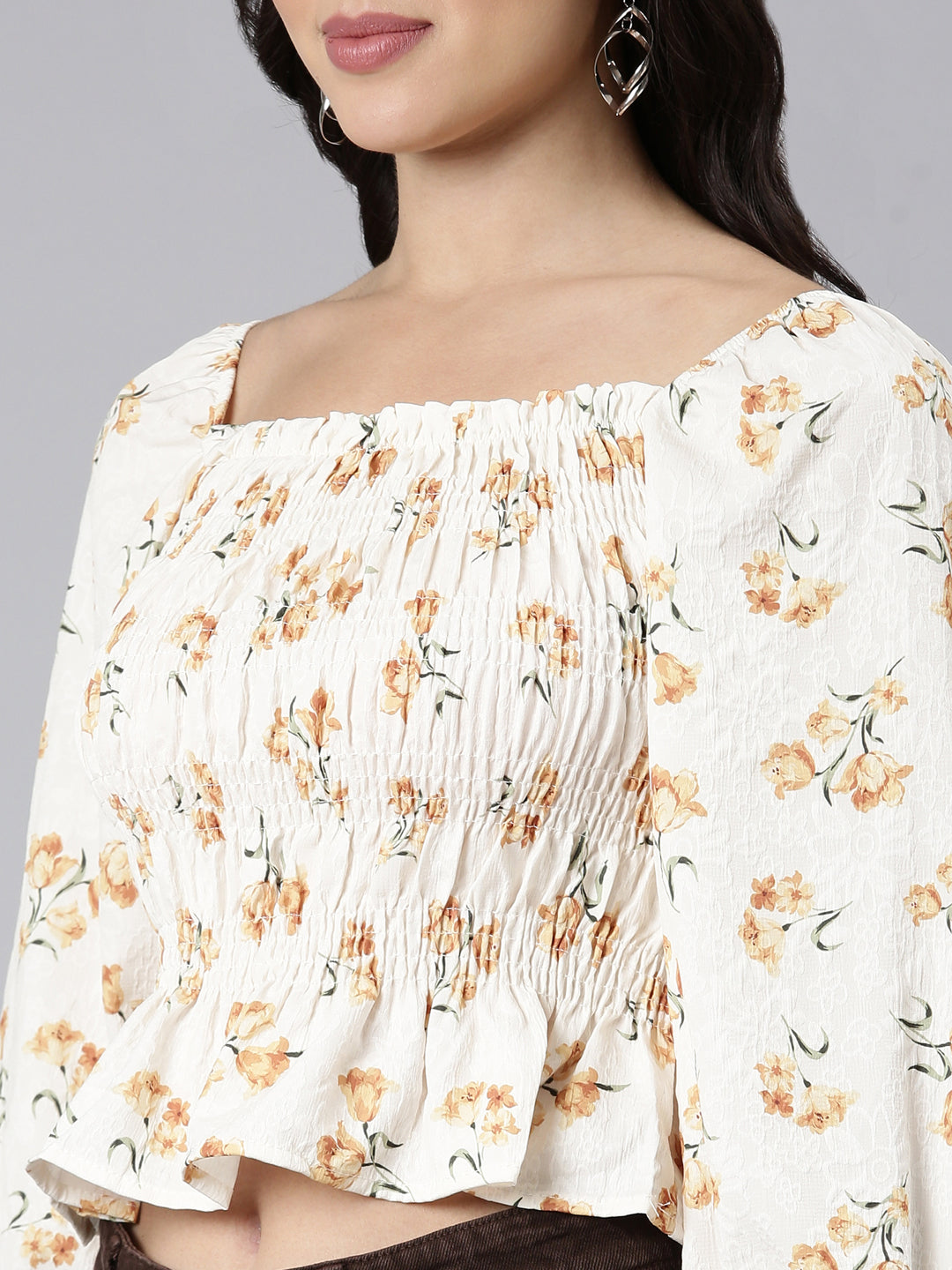 Women's Mustard Floral Printed Square Neck Puff Sleeves Fitted Crop Top