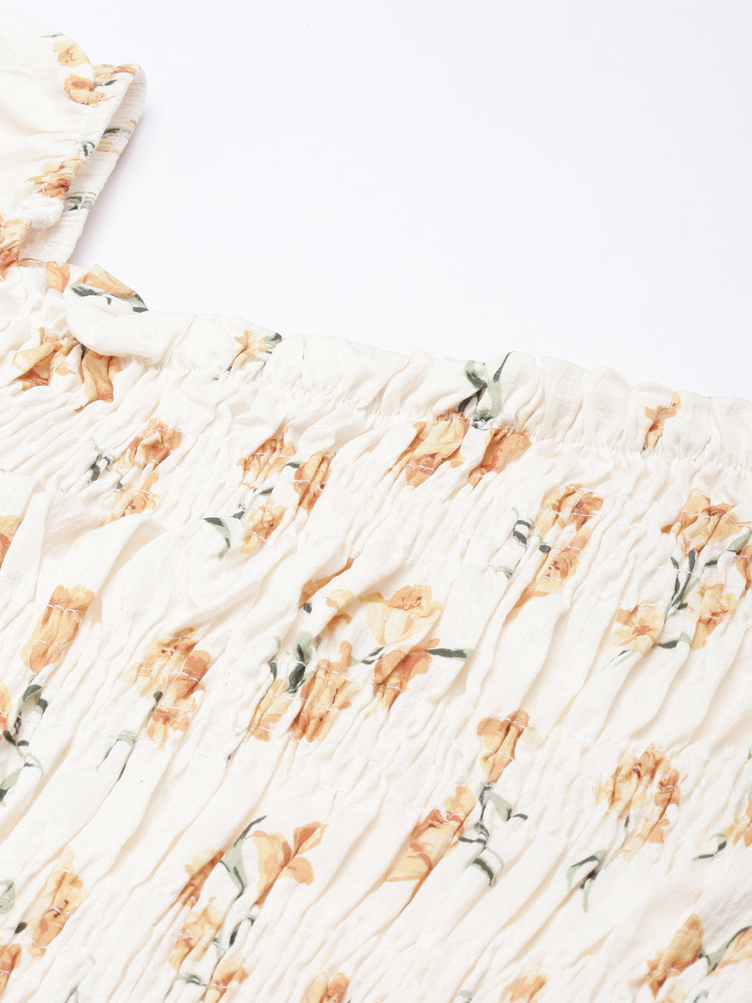 Women's Mustard Floral Printed Square Neck Puff Sleeves Fitted Crop Top