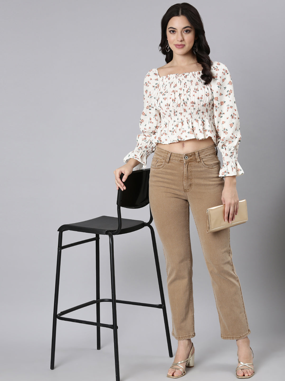 Women's Brown Floral Printed Square Neck Puff Sleeves Crop Fitted Top