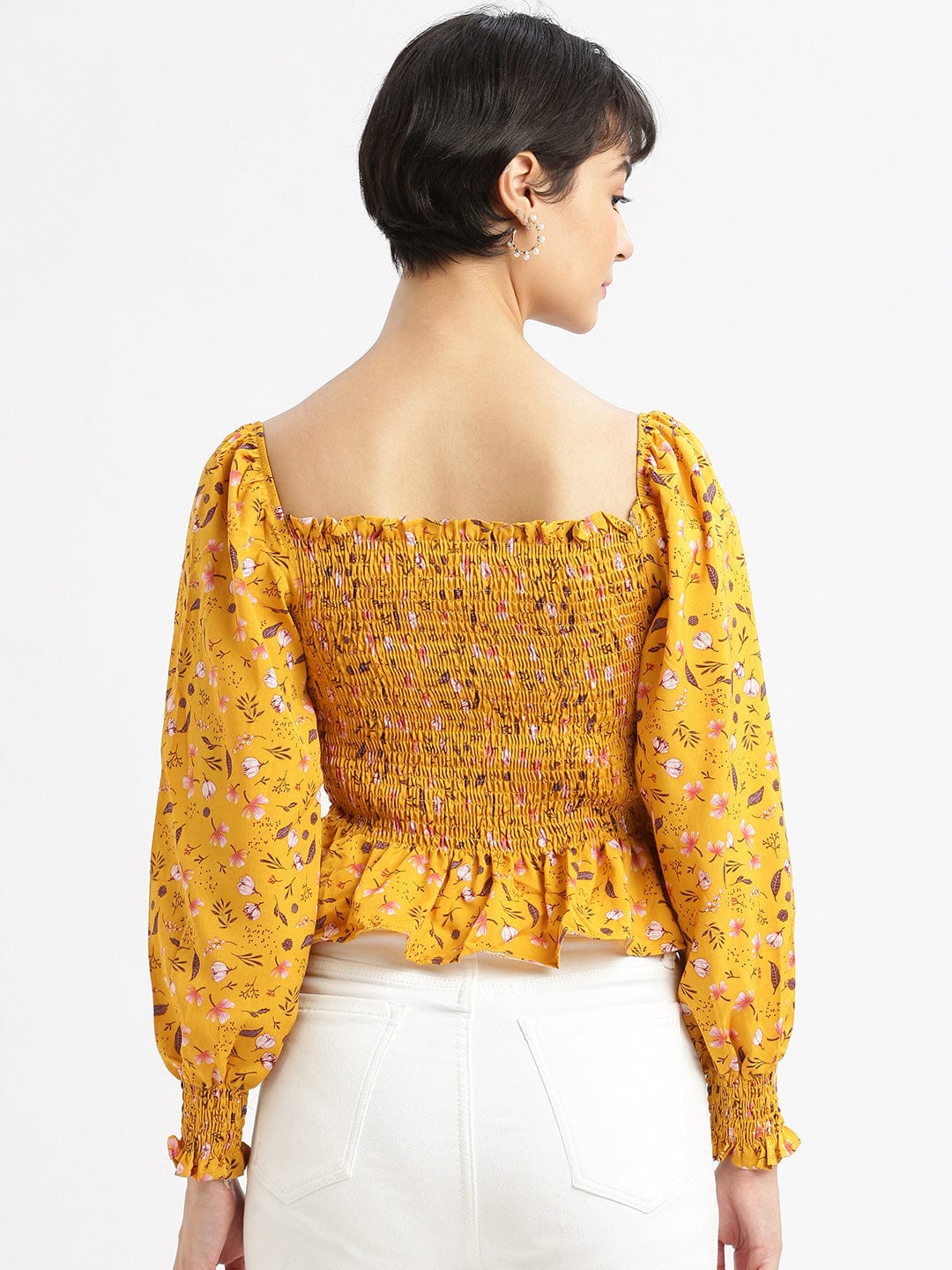 Women's Mustard Floral Solid Square Neck Synthetic Crepe Top