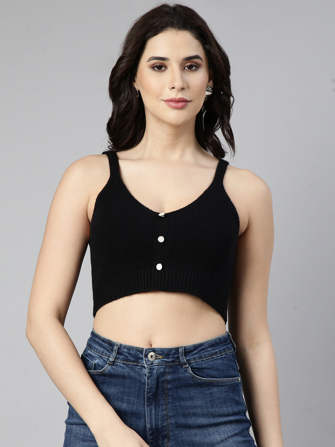 Women's Black Shoulder Straps Bralette Acrylic Crop Top
