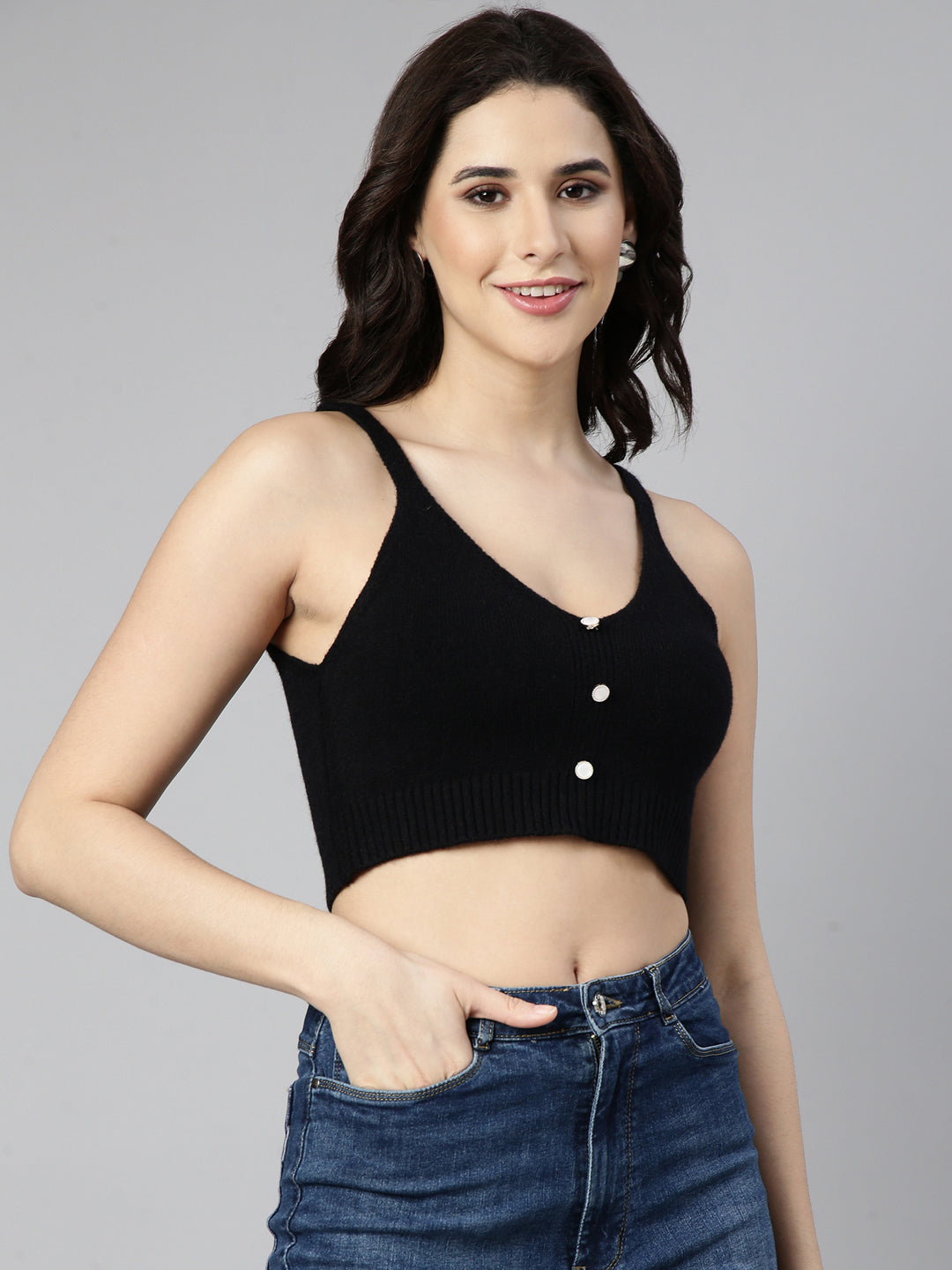 Women's Black Shoulder Straps Bralette Acrylic Crop Top