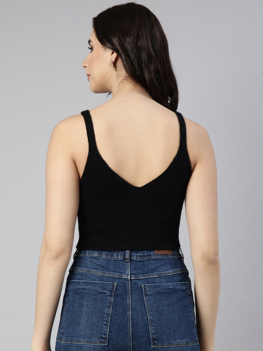 Women's Black Shoulder Straps Bralette Acrylic Crop Top