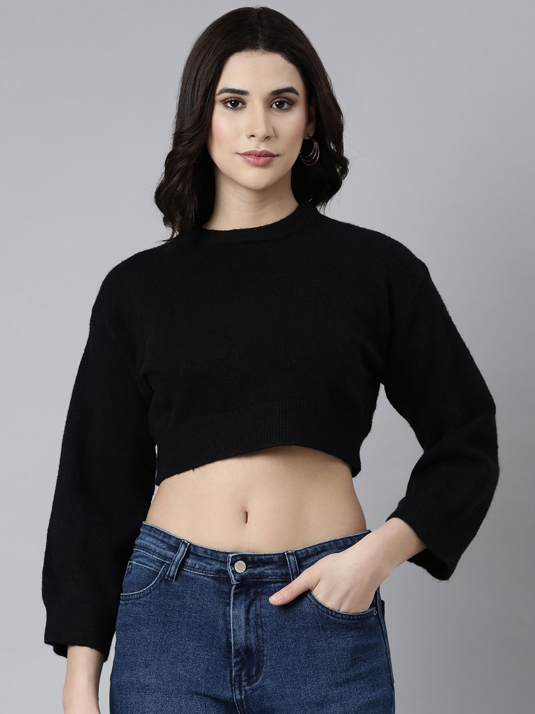 Women's Black Puff Sleeves Crop Acrylic Top
