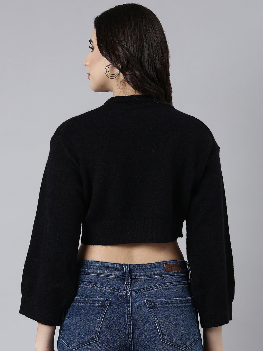 Women's Black Puff Sleeves Crop Acrylic Top