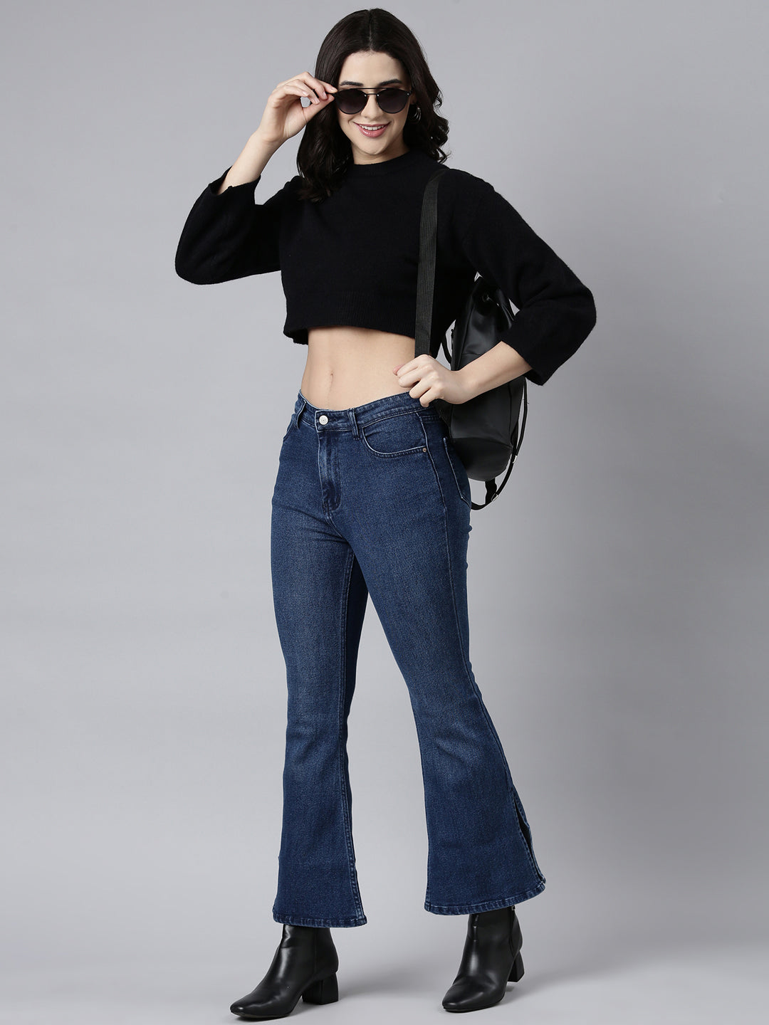 Women's Black Puff Sleeves Crop Acrylic Top