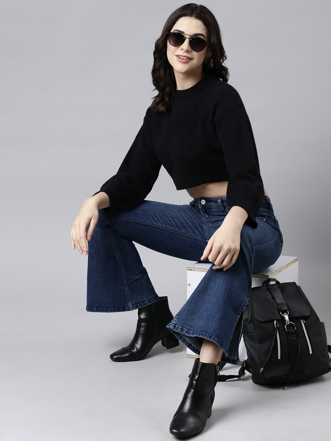 Women's Black Puff Sleeves Crop Acrylic Top
