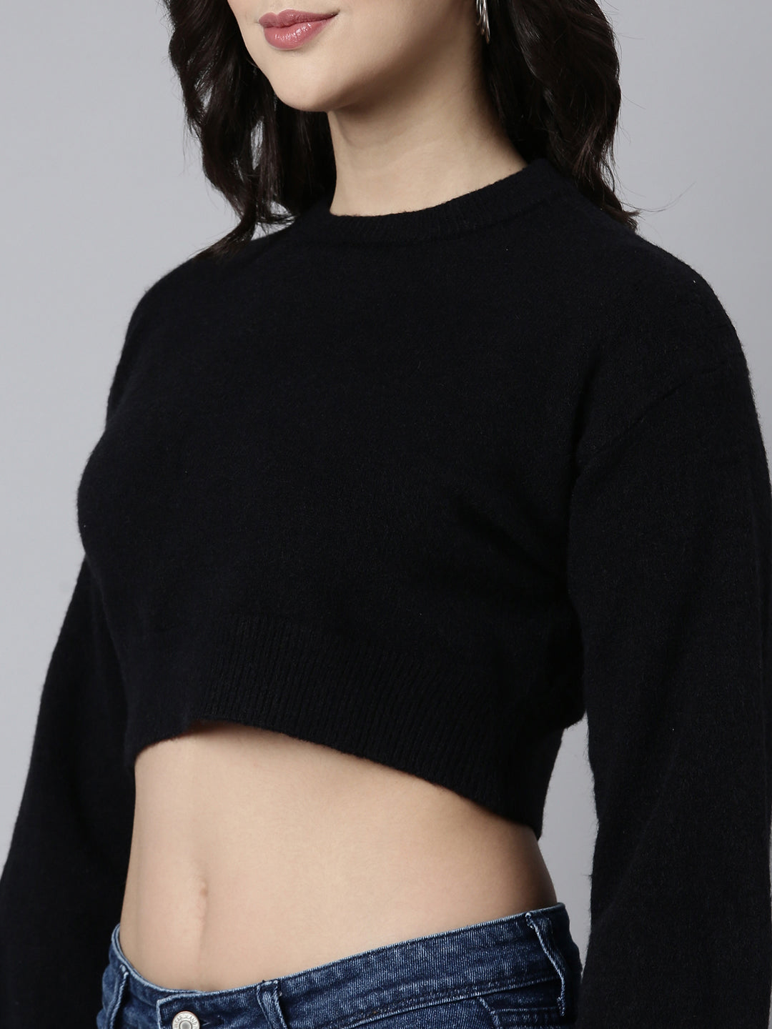 Women's Black Puff Sleeves Crop Acrylic Top
