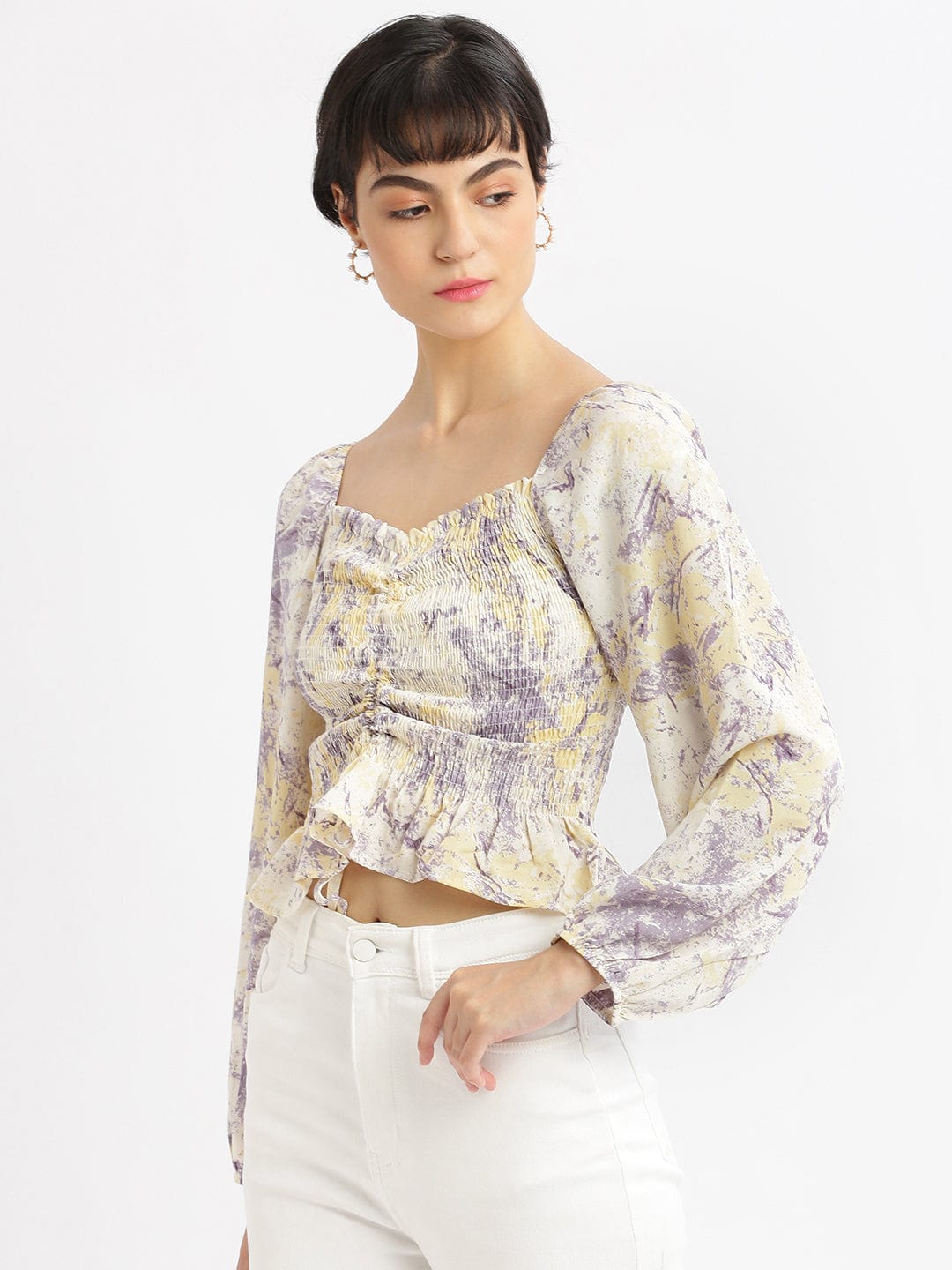 Women's Abstract Lavender Fitted Ruched Crop Top