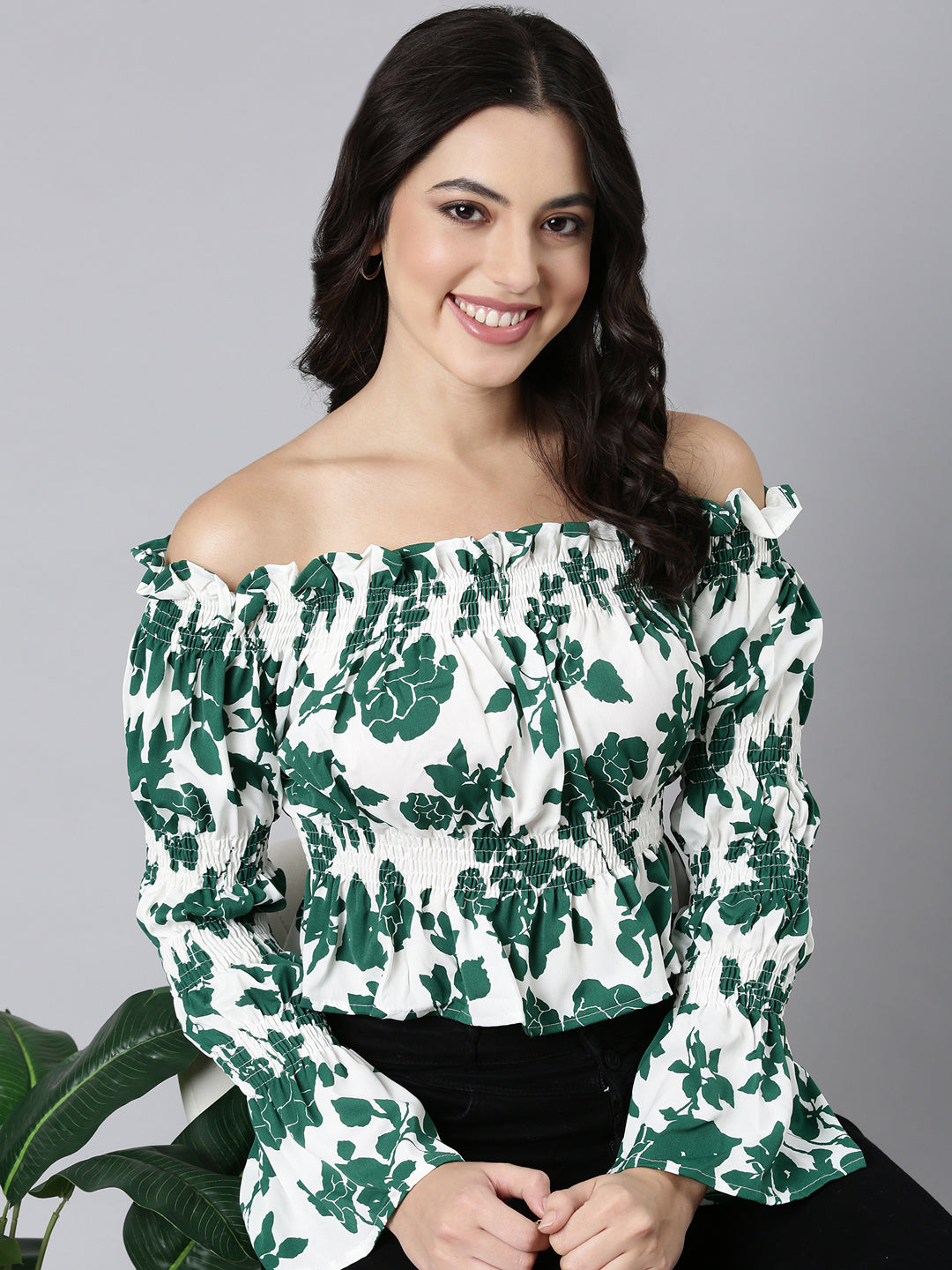 Women's Green Floral Printed Off-Shoulder Bell Sleeve Smocked Crepe Bardot Crop Top