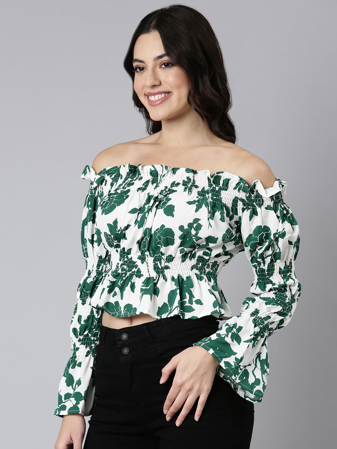 Women's Green Floral Printed Off-Shoulder Bell Sleeve Smocked Crepe Bardot Crop Top
