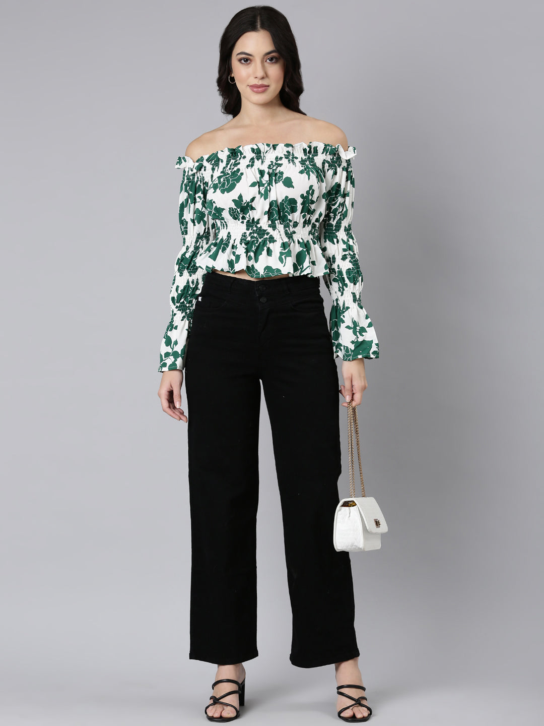 Women's Green Floral Printed Off-Shoulder Bell Sleeve Smocked Crepe Bardot Crop Top