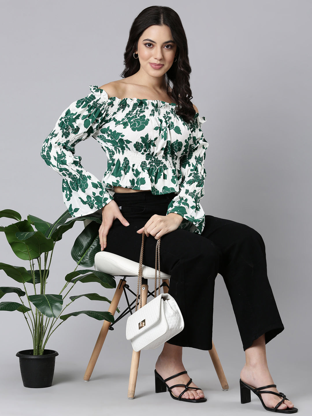 Women's Green Floral Printed Off-Shoulder Bell Sleeve Smocked Crepe Bardot Crop Top