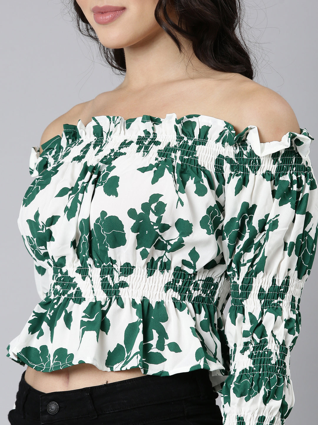 Women's Green Floral Printed Off-Shoulder Bell Sleeve Smocked Crepe Bardot Crop Top