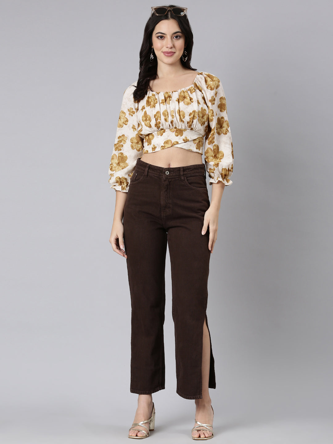 Women's Beige Floral Printed Square Neck Puff Sleeves Crop Top