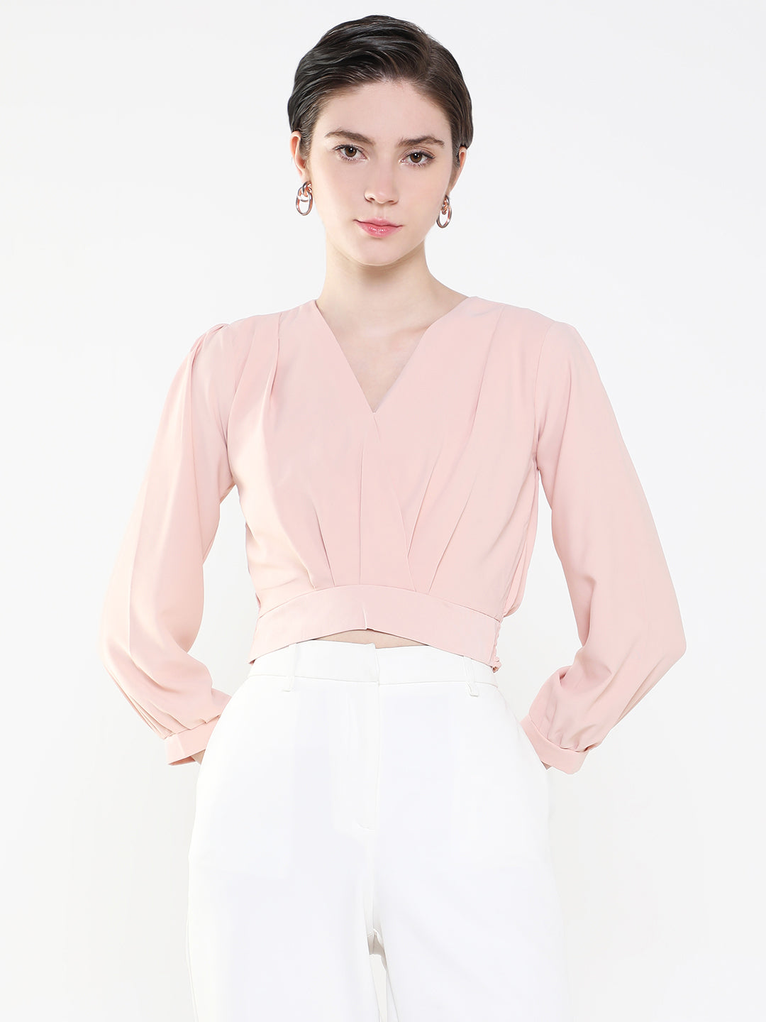 Women's Peach Puff Sleeve Crepe Cinched Waist Crop Top
