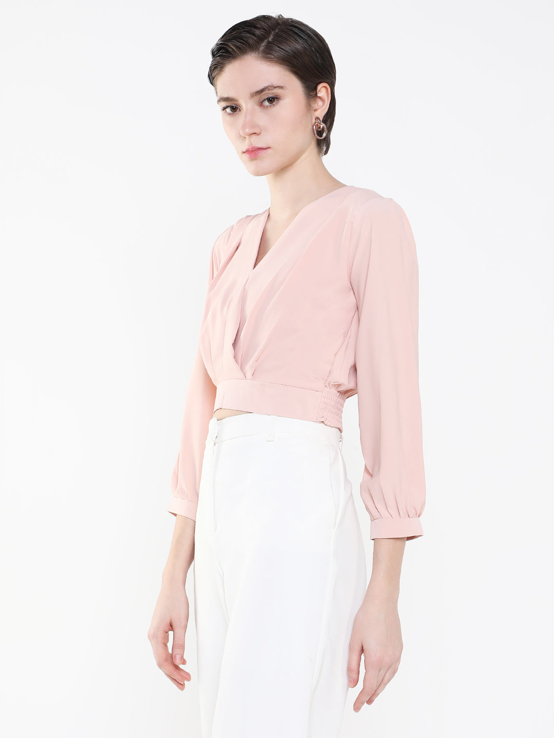 Women's Peach Puff Sleeve Crepe Cinched Waist Crop Top