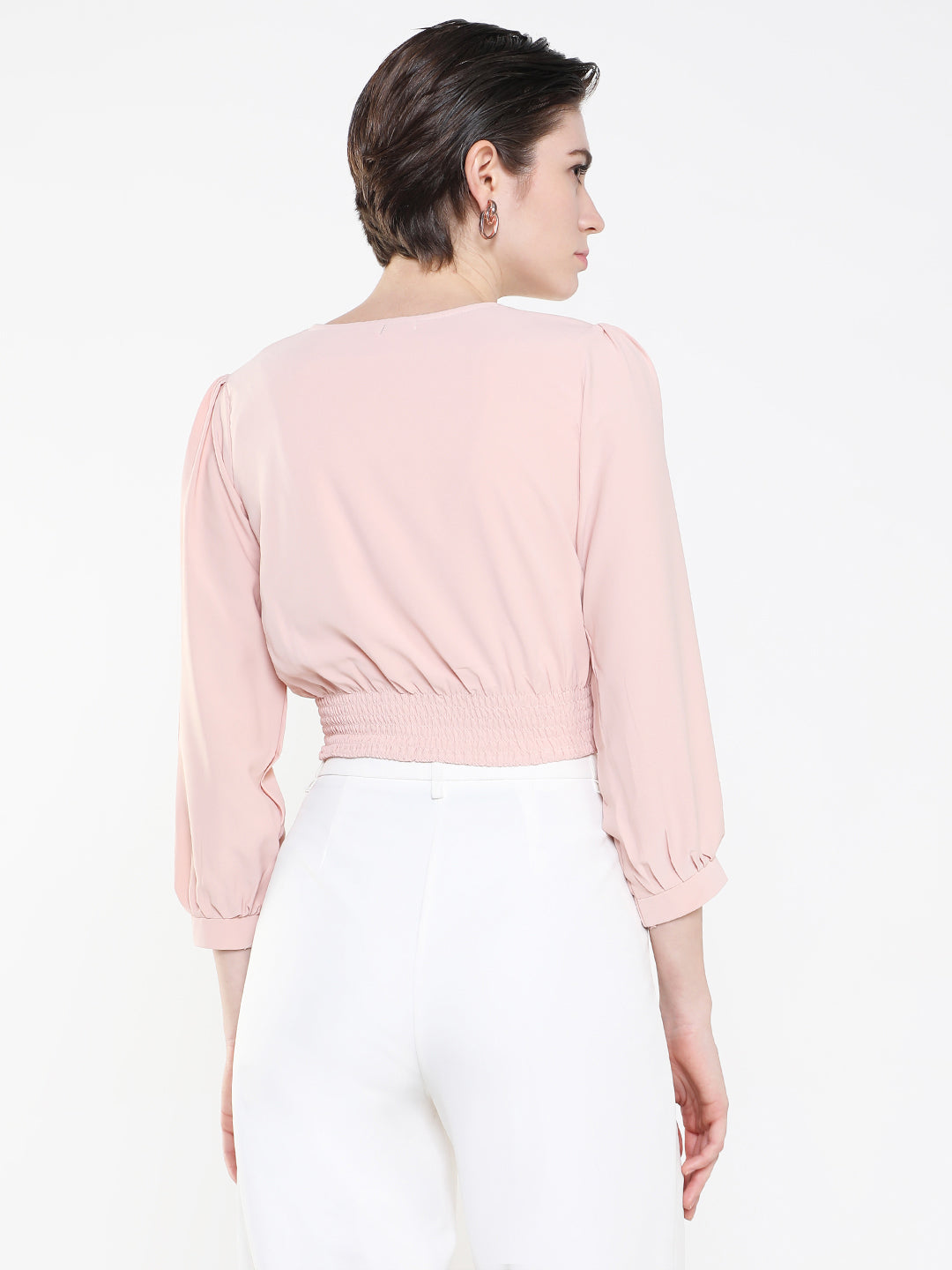 Women's Peach Puff Sleeve Crepe Cinched Waist Crop Top