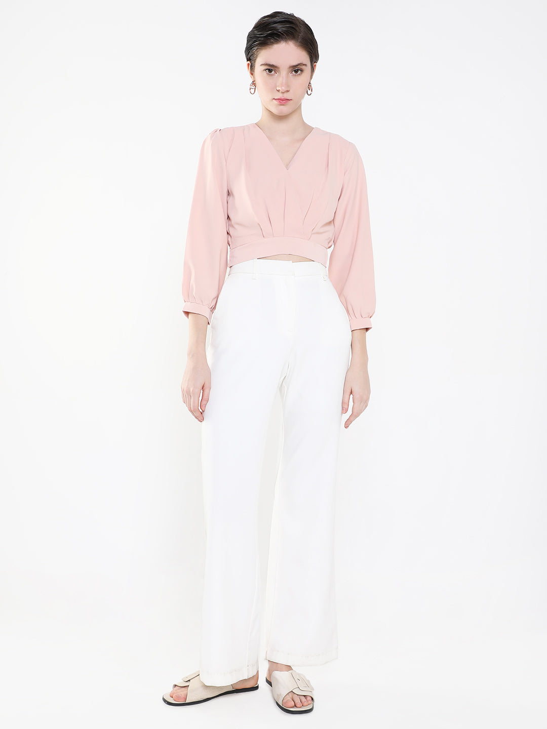 Women's Peach Puff Sleeve Crepe Cinched Waist Crop Top