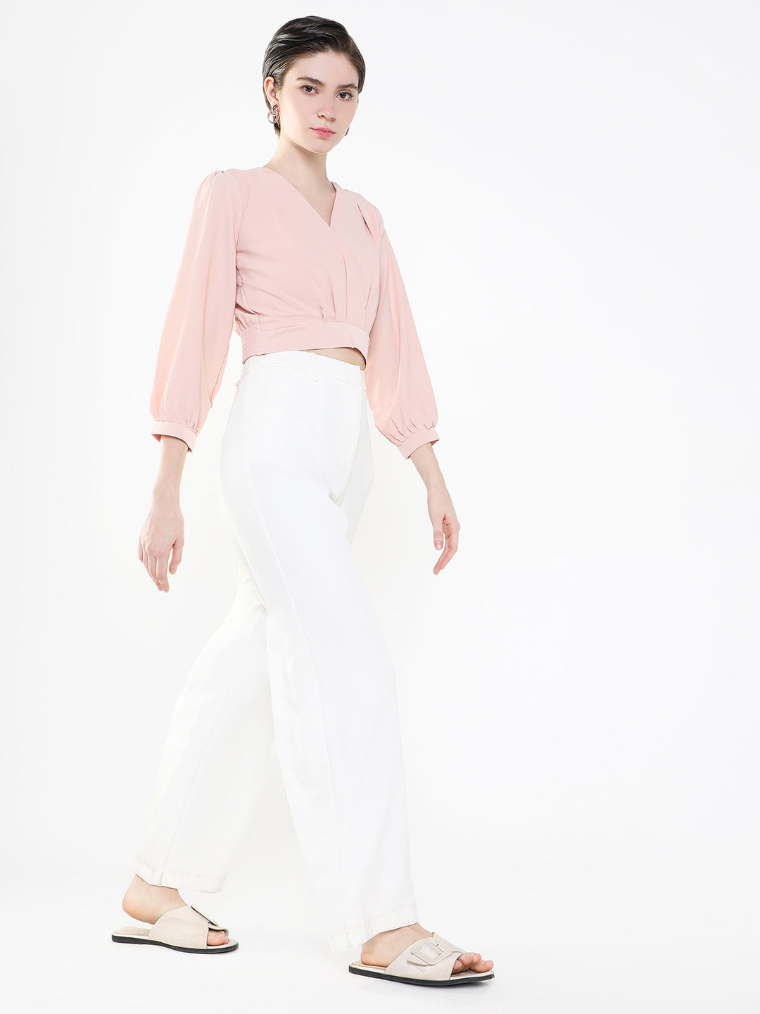 Women's Peach Puff Sleeve Crepe Cinched Waist Crop Top
