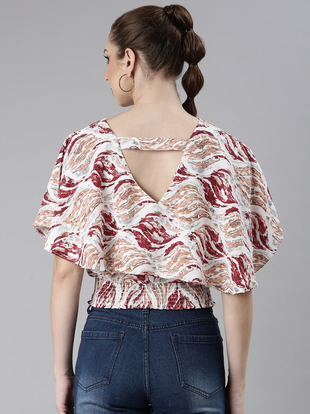 Women's Maroon Abstract Printed Flared Sleeve Blouson Crop Top