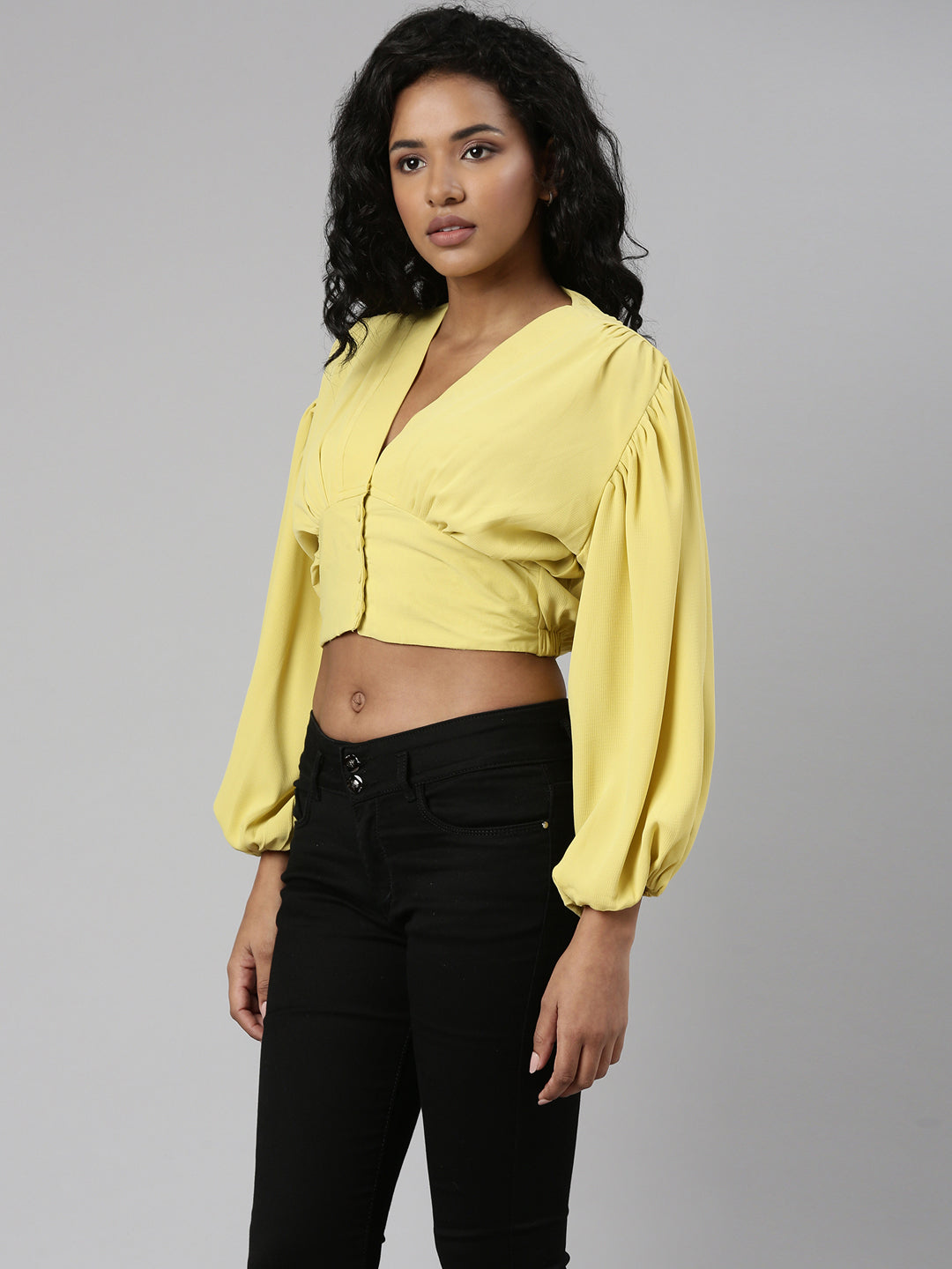 Women's Yellow V-Neck Puff Sleeve Blouson Crop Top