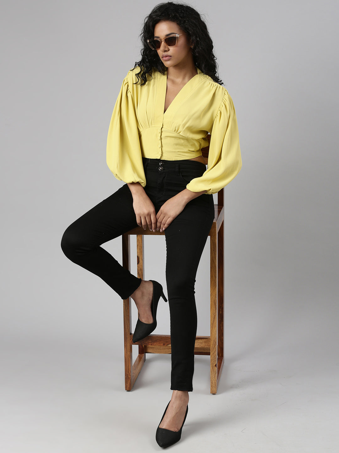 Women's Yellow V-Neck Puff Sleeve Blouson Crop Top