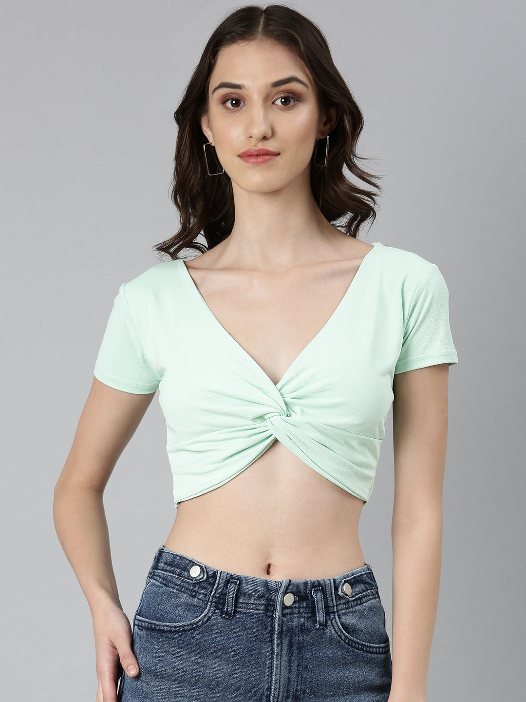 Women's Sea Green V-Neck Cotton Twisted Crop Top