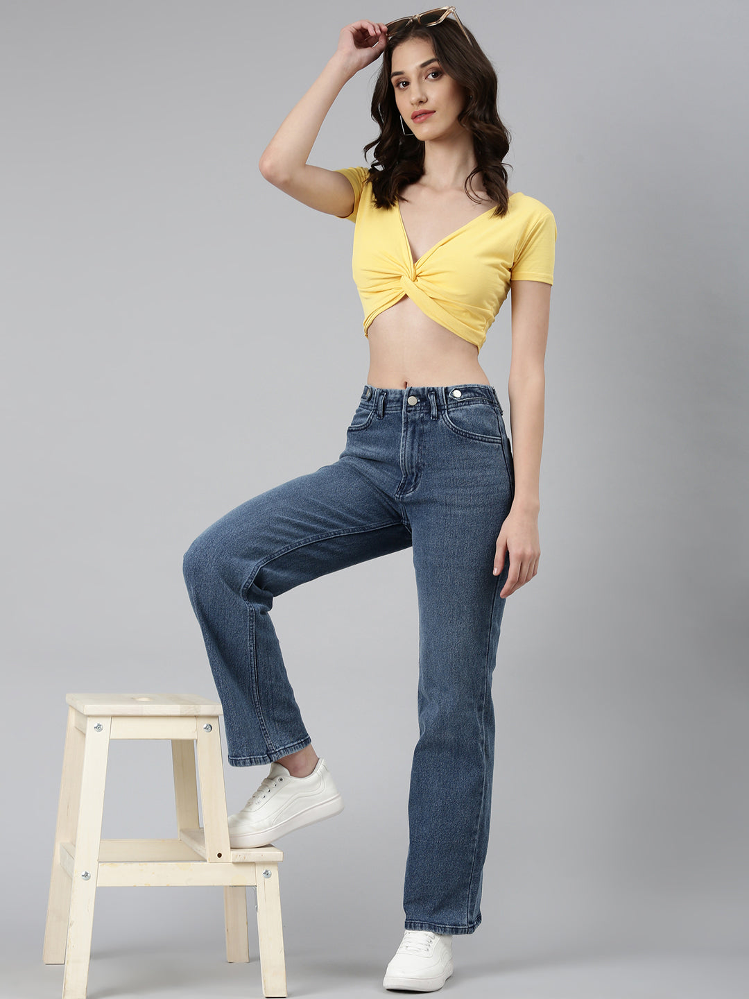 Women's Yellow V-Neck Short Sleeve Twisted Cotton Crop Top