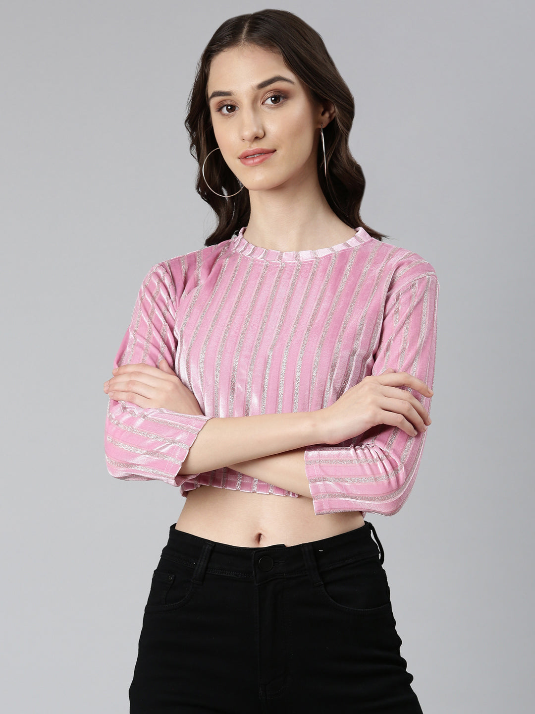 Women's Pink Self Design Velvet Crop Top
