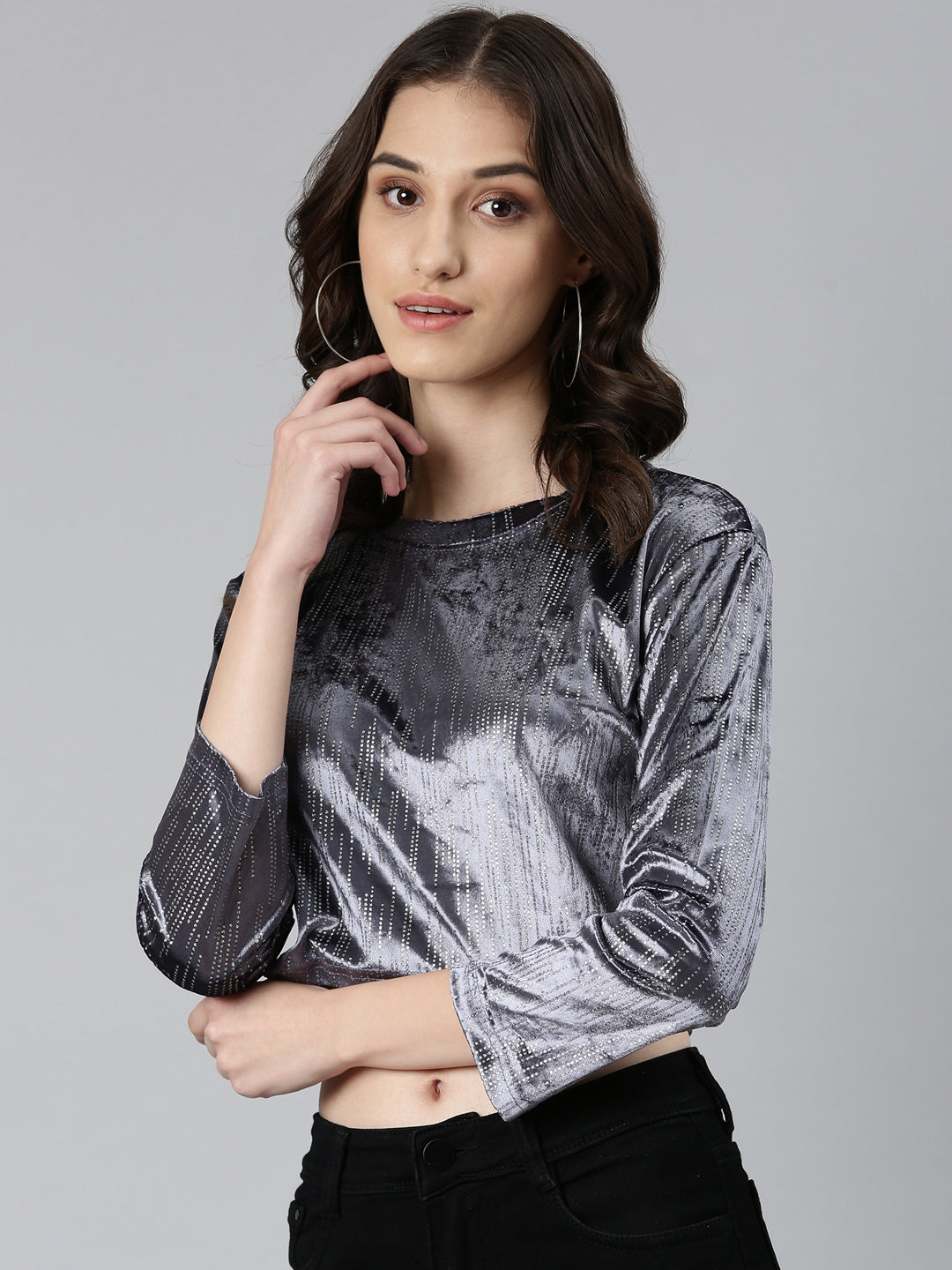 Women's Grey Round Neck Studded Velvet Crop Top